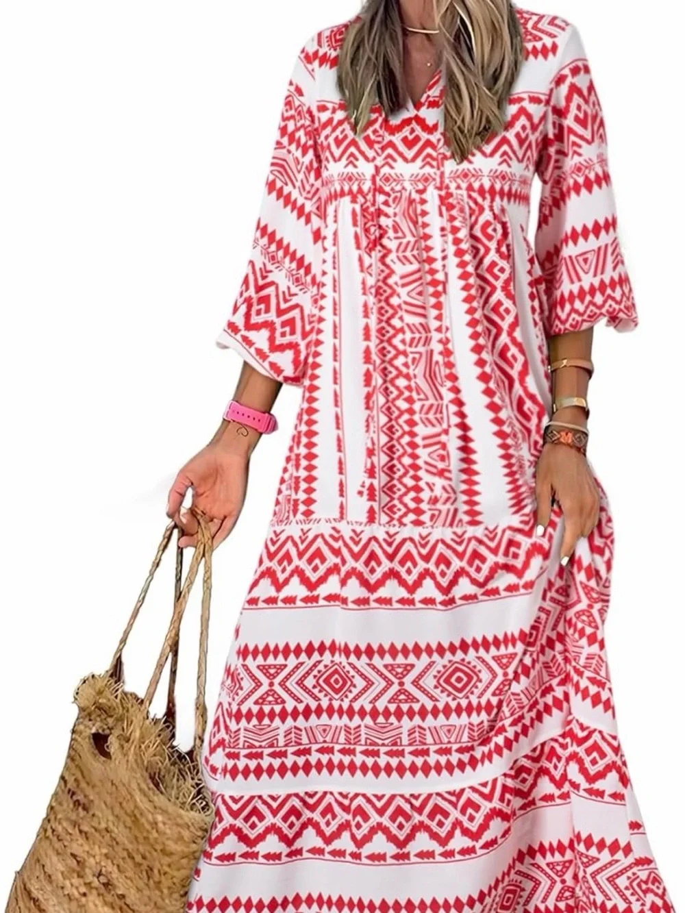 Boho Red & White Print Maxi Dress - Picture 1 of 2